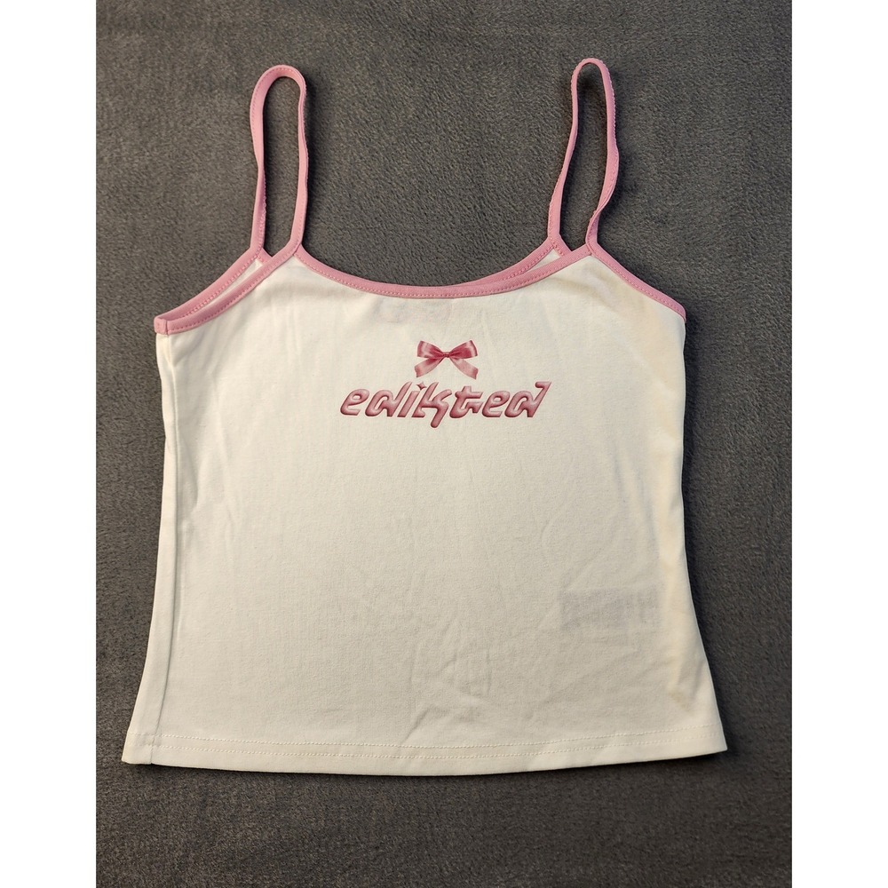 Edikted Bow Tank Top White Pink Graphic Logo Coquette Cami Medium Streetwear